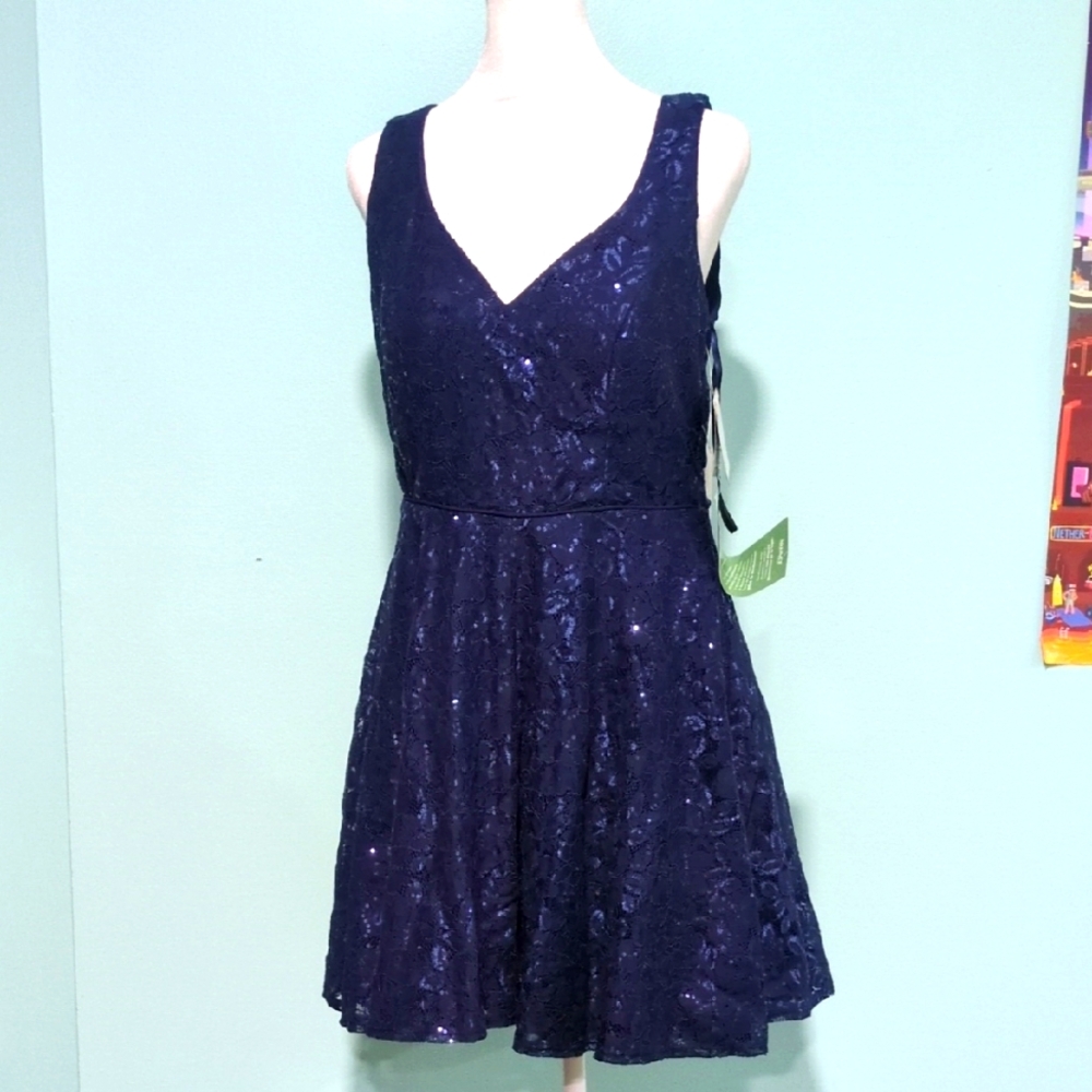 Retail $110 NWT City Triangles Sequin Elegant Navy Blue Lace Dress